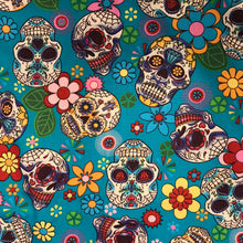 Load image into Gallery viewer, Image of Day of the Dead Fabric with Aqua background
